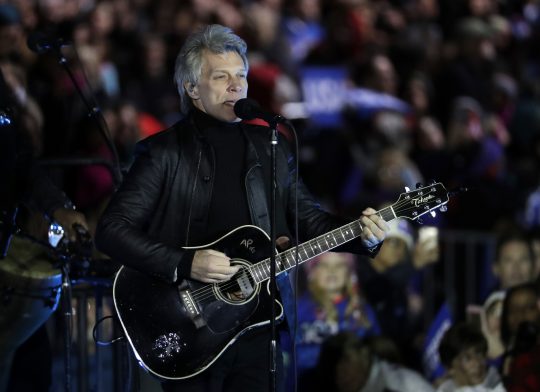 Jon Bon Jovi performs during a Hillary Clinton campaign event at Independence Mall on Monday, Nov. 7, 2016 in Philadelphia. (AP Photo/Matt Slocum)