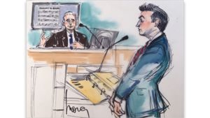 Concepção artística de John Paul Jones durante depoimento no Tribunal Federal de Los Angeles.