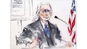Concepção artística de Jimmy Page durante depoimento no Tribunal Federal de Los Angeles.