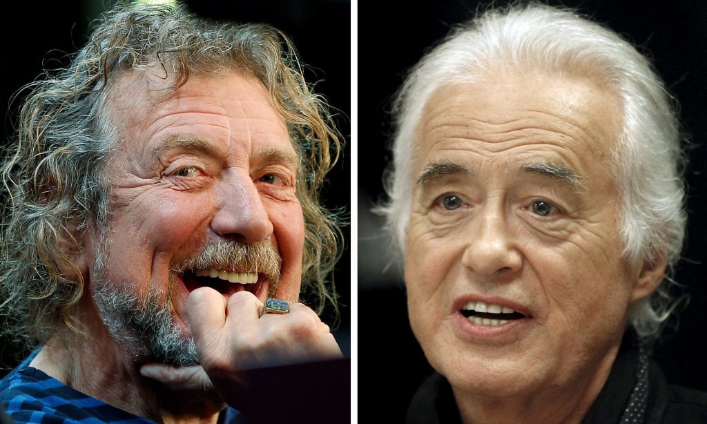 Robert Plant (esq.) e Jimmy Page, ex-integrantes do Led Zeppelin, compositores de Stairway do Heaven, acusados de plágio.