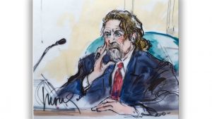Concepção artística de Robert Plant durante depoimento no Tribunal Federal de Los Angeles.